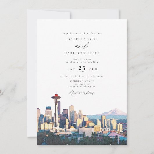 SEATTLE Waterverf Skyline Destination Wedding Kaart (Voorkant)