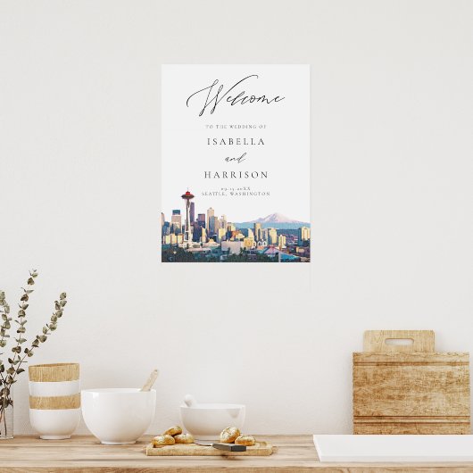 SEATTLE Waterverf Skyline Weddenschap Welkomstteke Poster (Keuken)