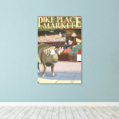 SeattleFish Toss and Bronze Pig op Pike Place Canvas Afdruk (Insitu (Houten vloer))