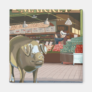 SeattleFish Toss and Bronze Pig op Pike Place Magneet