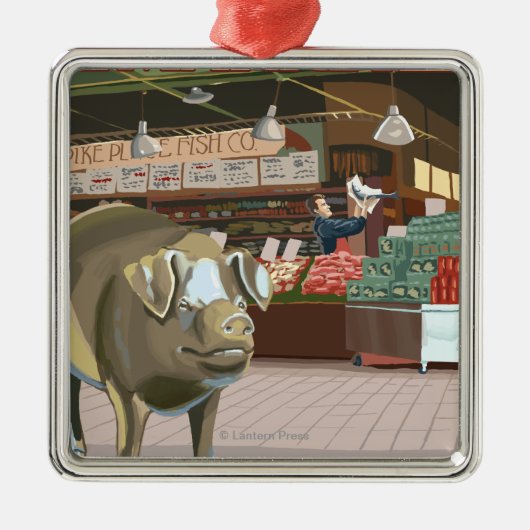 SeattleFish Toss and Bronze Pig op Pike Place Metalen Ornament (Voorkant)