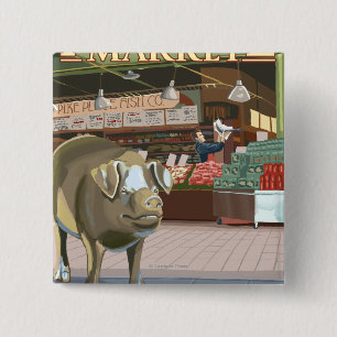 SeattleFish Toss and Bronze Pig op Pike Place Vierkante Button 5,1 Cm