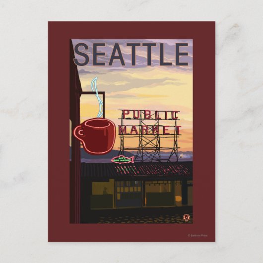 SeattlePike Place Market Sign and Water Uitzicht Briefkaart (Voorkant)