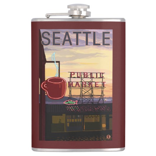 SeattlePike Place Market Sign and Water Uitzicht Heupfles (Voorkant)