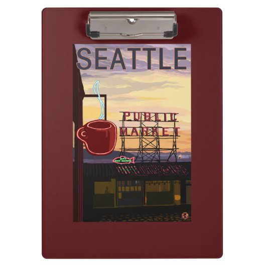 SeattlePike Place Market Sign and Water Uitzicht Klembord (Voorkant)