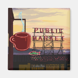 SeattlePike Place Market Sign and Water Uitzicht Magneet