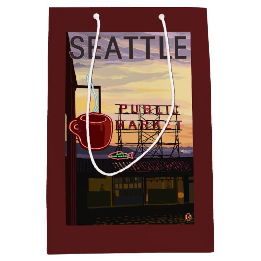 SeattlePike Place Market Sign and Water Uitzicht Medium Cadeauzakje (Voorkant)