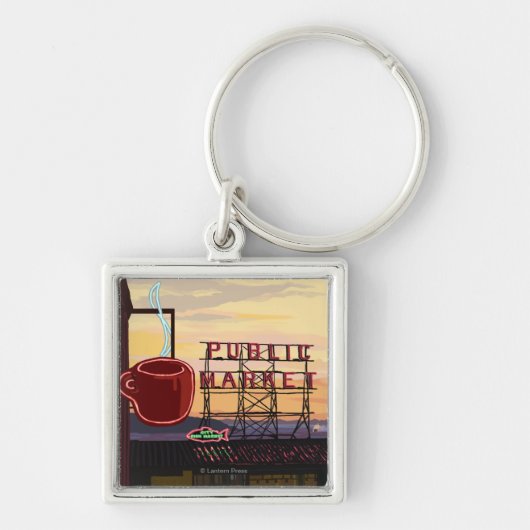 SeattlePike Place Market Sign and Water Uitzicht Sleutelhanger (Voorkant)