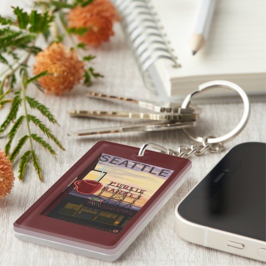 SeattlePike Place Market Sign and Water Uitzicht Sleutelhanger (Voorkant Rechts)