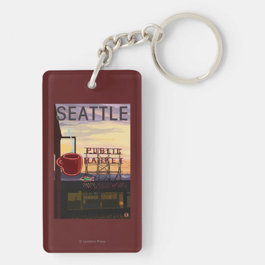 SeattlePike Place Market Sign and Water Uitzicht Sleutelhanger (achterkant)
