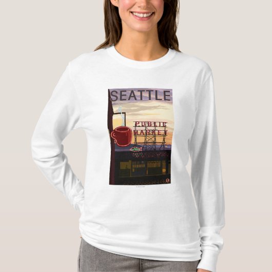 SeattlePike Place Market Sign and Water Uitzicht T-shirt (Voorkant)