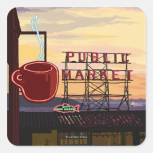 SeattlePike Place Market Sign and Water Uitzicht Vierkante Sticker