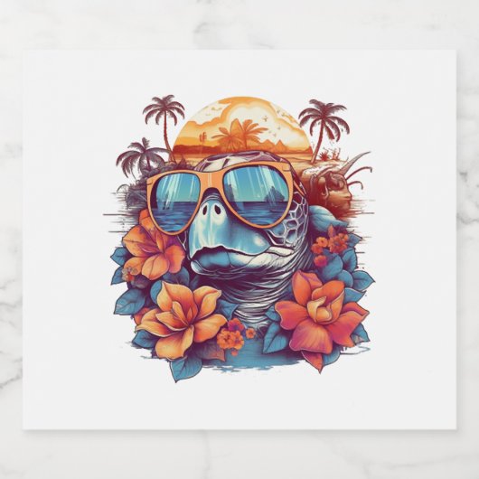 Seaturtle with sunglasses at the beach Copy Sparkling Wijnetiket (Enkel label)