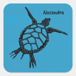 Seaturtle Woodcut Vierkante Sticker
