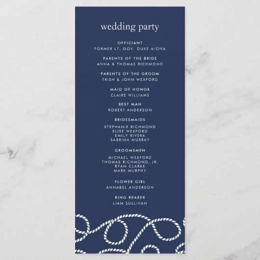 Seaworthy Wedding Ceremony Program | Marineblauw Programmakaart (Achterkant)