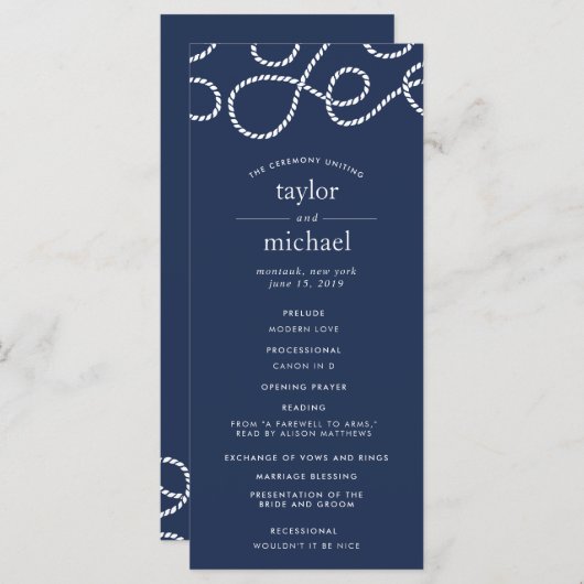 Seaworthy Wedding Ceremony Program | Marineblauw Programmakaart (Voorkant / Achterkant)