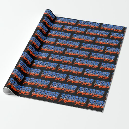 Sebastian Vorname Name Graffiti blue orange Cadeaupapier (Uitgerold)