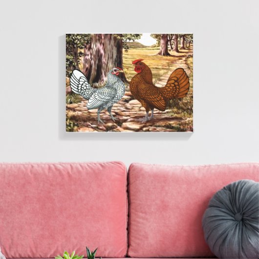 Sebright Hen en Rooster in een bosrijke omgeving Canvas Afdruk (Insitu (Woonkamer))