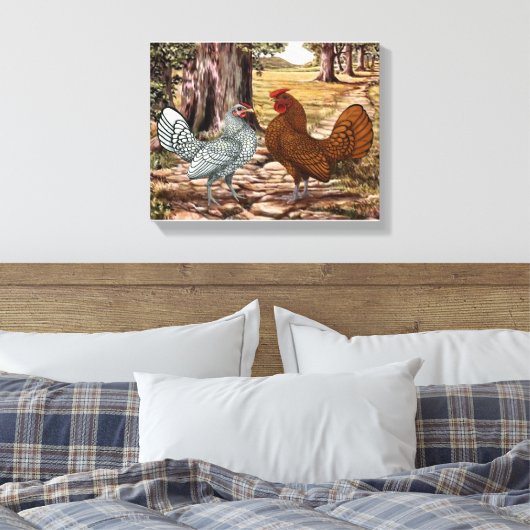 Sebright Hen en Rooster in een bosrijke omgeving Canvas Afdruk (Insitu (Slaapkamer))