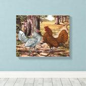 Sebright Hen en Rooster in een bosrijke omgeving Canvas Afdruk (Insitu (Houten vloer))