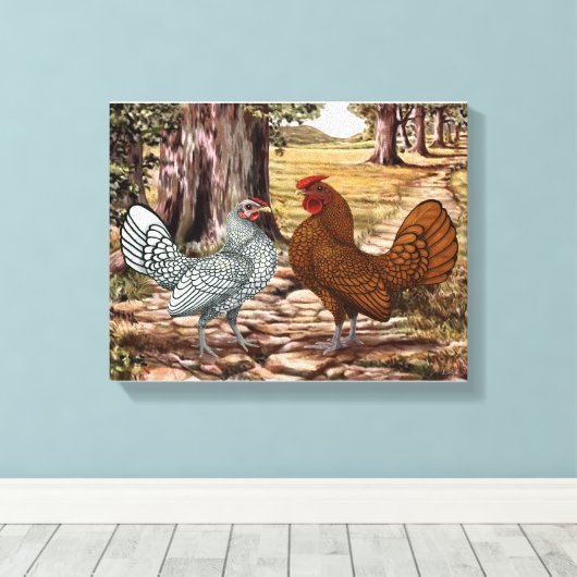 Sebright Hen en Rooster in een bosrijke omgeving Canvas Afdruk (Insitu (Houten vloer))