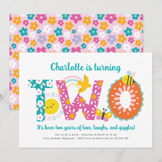 Second Birthday Invite Girl, Fun Spring Birthday Kaart