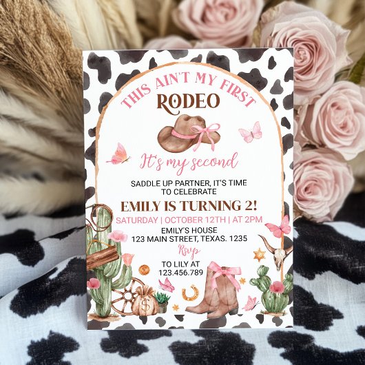 Second Rodeo Bows Pink Cowgirl Birthday Invitation Kaart