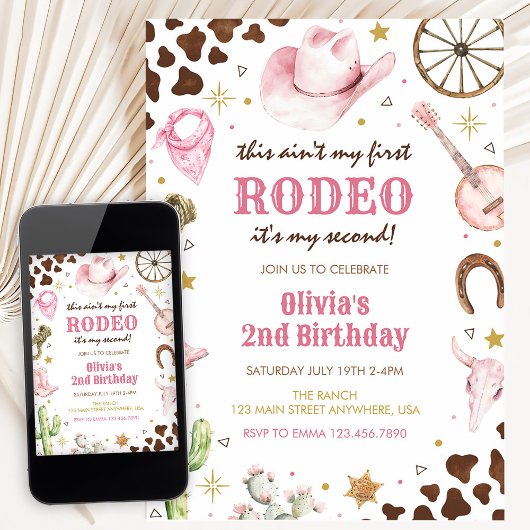 Second Rodeo Western Pink Cowgirl 2nd Birthday Kaart