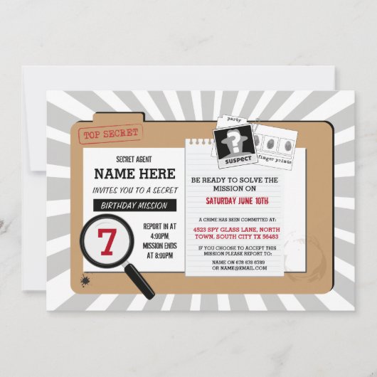 Secret Agent Birthday Detective Mission Invite Kaart (Voorkant)