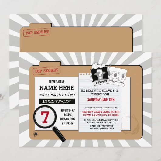 Secret Agent Birthday Detective Mission Invite Kaart (Voorkant / Achterkant)