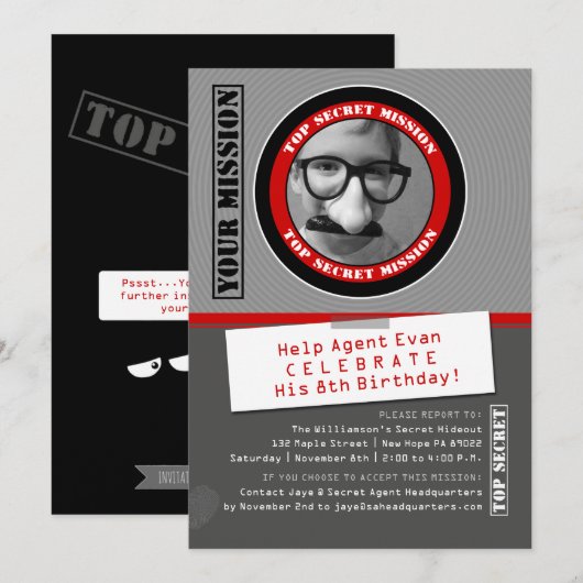 Secret Agent Custom Photo Birthday Invitation Kaart (Voorkant / Achterkant)