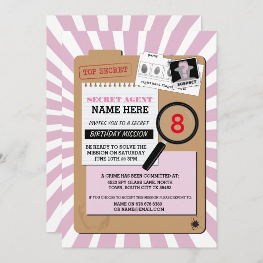 SECRET AGENT DETECTIVE CRIME SPY BIRTHDAY PARTY KAART (Voorkant / Achterkant)