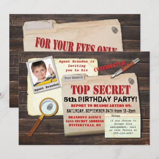 Secret Agent Spy Top Secret Birthday Party nodigt  Kaart (Voorkant / Achterkant)