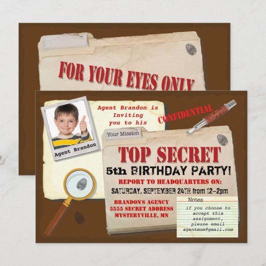 Secret Agent Spy Top Secret Birthday Party nodigt Kaart (Voorkant / Achterkant)