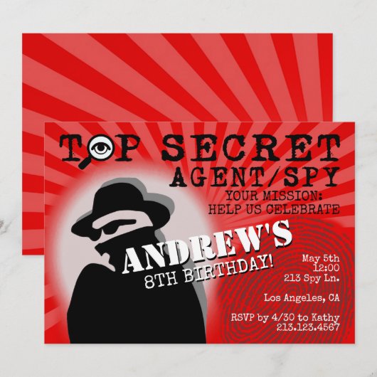 Secret Agent Spy verjaardagsfeestje uitnodiging (Voorkant / Achterkant)