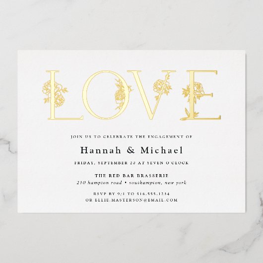 Secret Garden Floral LOVE Engagement Party Folie Uitnodiging (Voorkant)