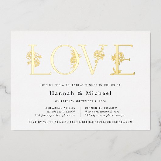 Secret Garden Floral LOVE repesal Dinner Folie Uitnodiging (Voorkant)