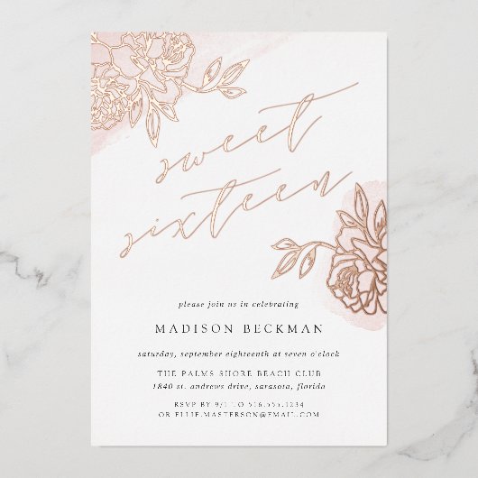 Secret Garden Floral Sweet Sixteen Folie Uitnodiging (Voorkant)