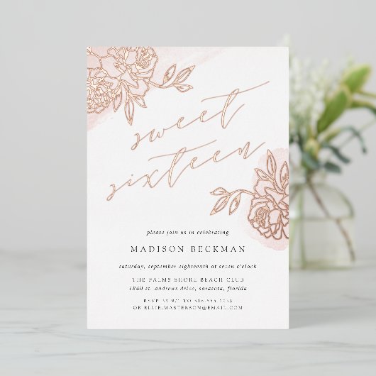 Secret Garden Floral Sweet Sixteen Folie Uitnodiging (Staand Voorkant)