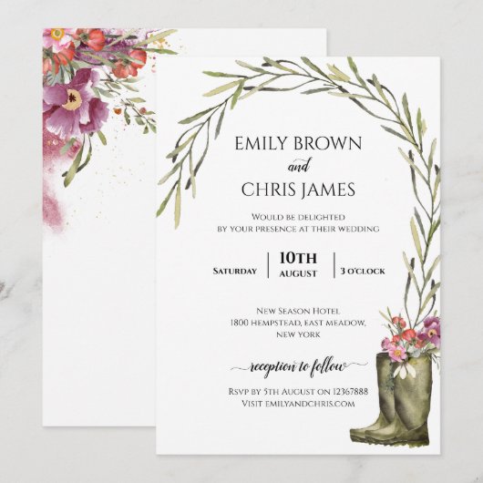 Secret Garden Foliage | Coupleboots Rustic Wedding Kaart (Voorkant / Achterkant)