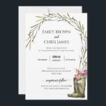 Secret Garden Foliage | Coupleboots Rustic Wedding Kaart<br><div class="desc">, mooie, trouwe en rustige trouwuitnodigingen voor je speciale gelegenheid! Waterverf blad bladerblad in zachte en lichte groene bladeren met een paar tuinlaarzen vol miniatuurkleurige perenbloemen lijsten je trouwfeestelijke details. Je namen staan bovenaan in het moderne lettertype en achteraan om een boeket van kleurrijke pony's te onthullen. Pas je trouwgegevens,...</div>