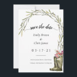 Secret Garden Foliage | Coupleboots Rustic Wedding Save The Date<br><div class="desc">, mooie, trouwe en rustige bruiloft, met de date plat kaarten voor je speciale gelegenheid! Waterverf blad bladerblad in zachte en lichte groene bladeren met een paar tuinlaarzen vol miniatuurkleurige perenbloemen lijsten de top van je bruiloft, met uitzondering van de datumdetails. Je namen staan bovenaan in het moderne lettertype en...</div>