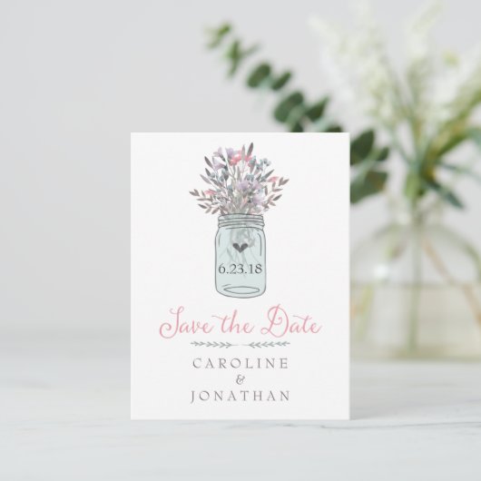 Secret Garden Mason Jar Save the Date Briefkaart (Staand voorkant)