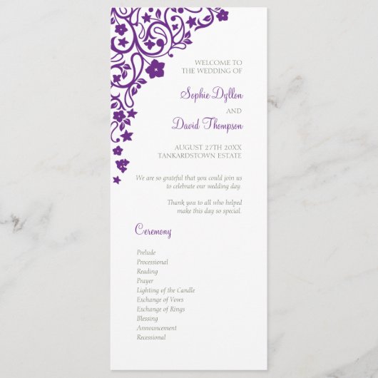 Secret Garden Paarse Floral Lovebird Wedding Programmakaart (Voorkant)