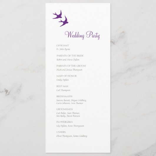 Secret Garden Paarse Floral Lovebird Wedding Programmakaart (Achterkant)