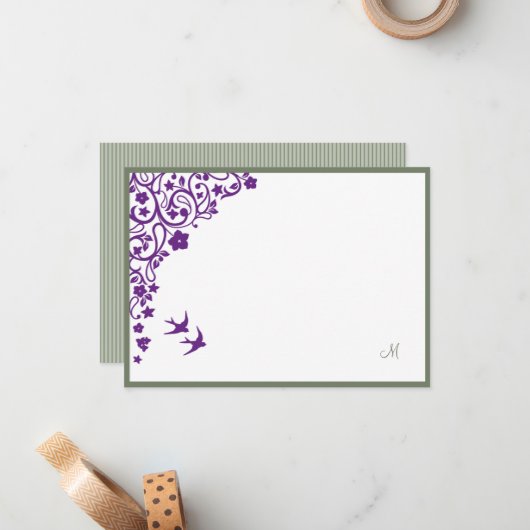 Secret Garden Sage Stripe Script Monogram Opmerkin Notitiekaartje (Voorkant / Achterkant in situ)