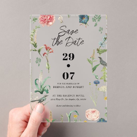 Secret Garden Wildflowers Wedding Save The Date Acryl Uitnodigingen (Insitu (Draagbaar))