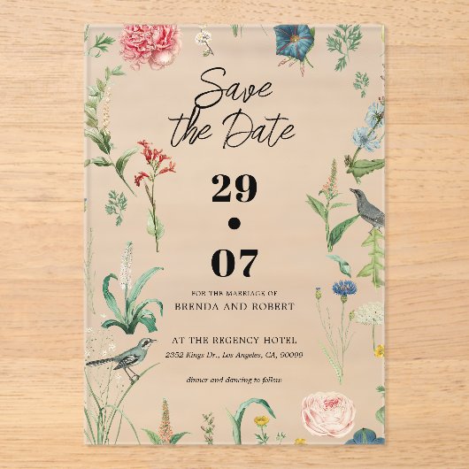 Secret Garden Wildflowers Wedding Save The Date Acryl Uitnodigingen (Voorkant)