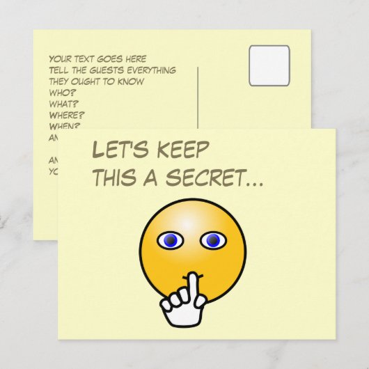 Secret hush emoticon surprise party uitnodiging briefkaart (Voorkant / Achterkant)