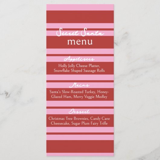 Secret Santa Cabana Roze en rode Stripe Preppy Menu (Voorkant)